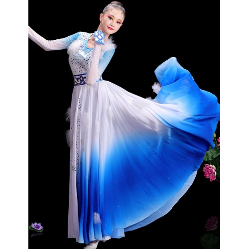Women blue gradient colored Mongolian dance costumes chinese folk dance dresses Hongyan art test classical drama cosplay large swing skirt